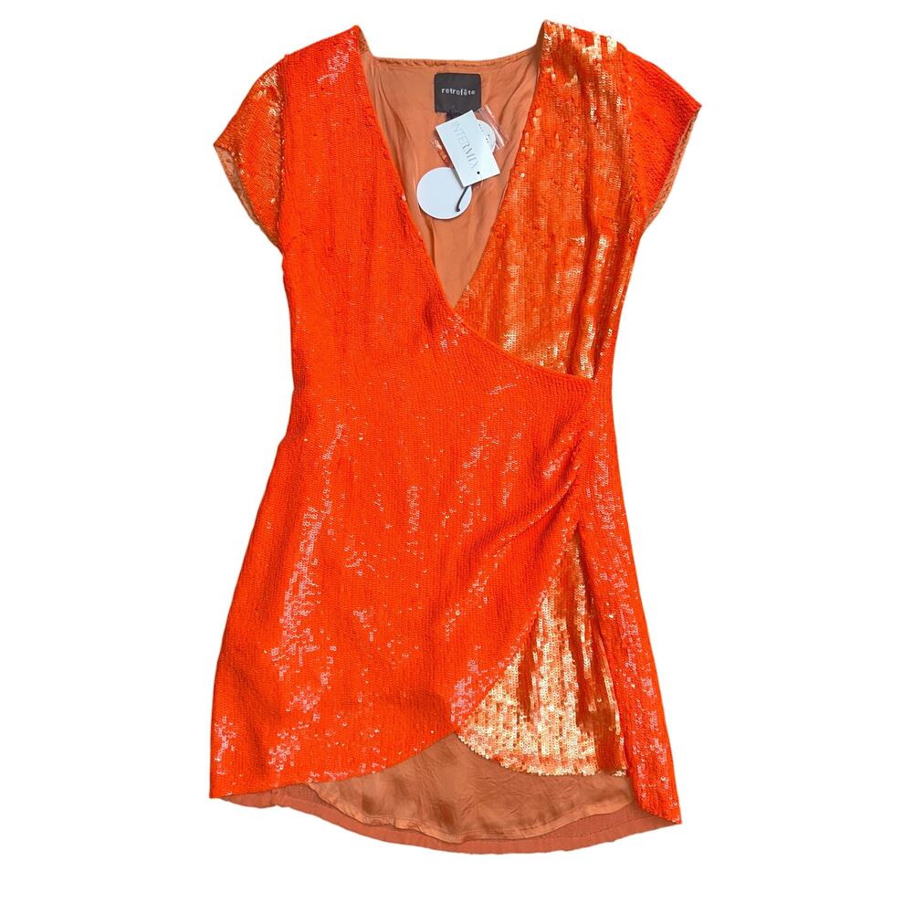 Retrofête Olya Orange Two-Tone Sequin Wrap Mini Dress Size S NWT